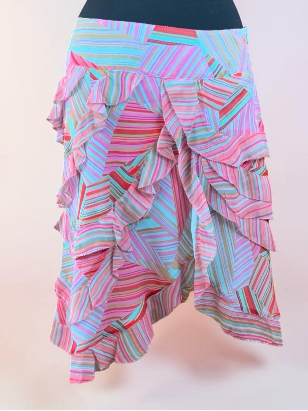 Pink Turquoise Stripe Ruffle Asymmetrical Midi Skirt